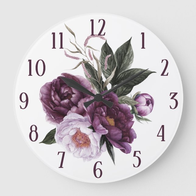 Purple Pink Plum Peonies Greenery Large Clock (Front)