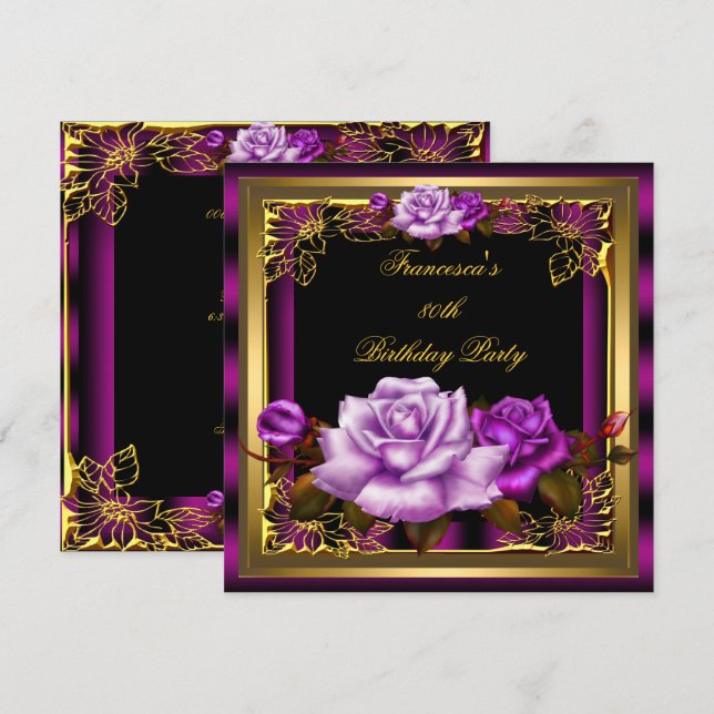 Purple Pink Plum Roses Gold Elegant Birthday 5 Invitation (Front/Back)