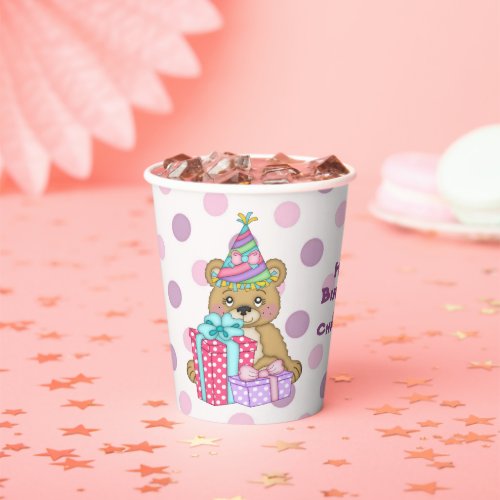 Purple Pink Polka Dot Bear Birthday Paper Cups
