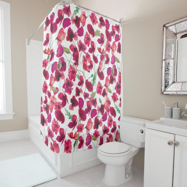 Purple Pink Poppies Galore Pattern Shower Curtain (In Situ)