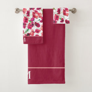 Purple Pink Poppies Monogram Bath Towel Set