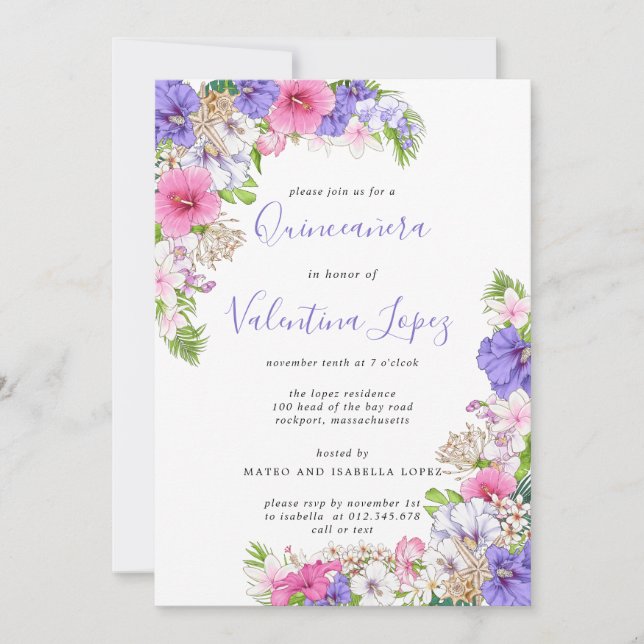 Purple Pink Pretty Tropical Quinceanera  Invitatio Invitation (Front)
