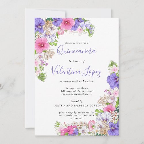 Purple Pink Pretty Tropical Quinceanera  Invitatio Invitation
