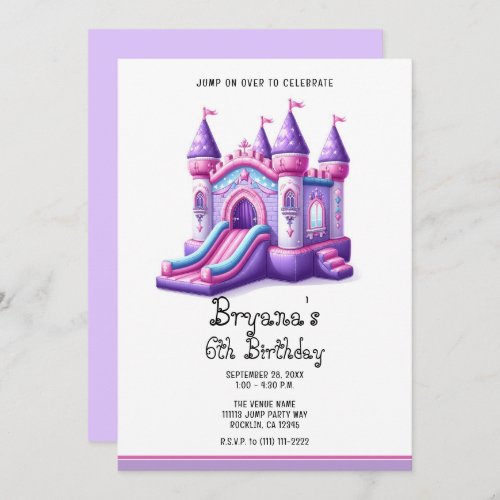 Purple Pink Princess Castle Bounce House Party Invitation