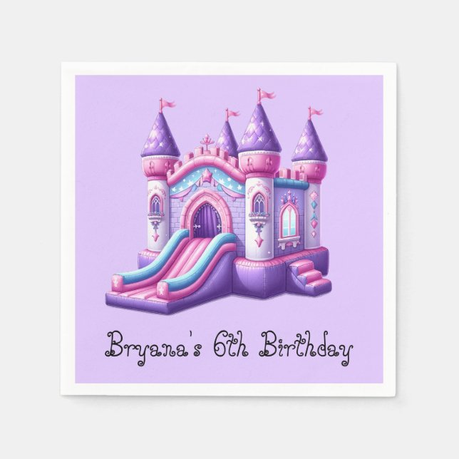 Purple Pink Princess Castle Bounce House Party Napkins (Front)