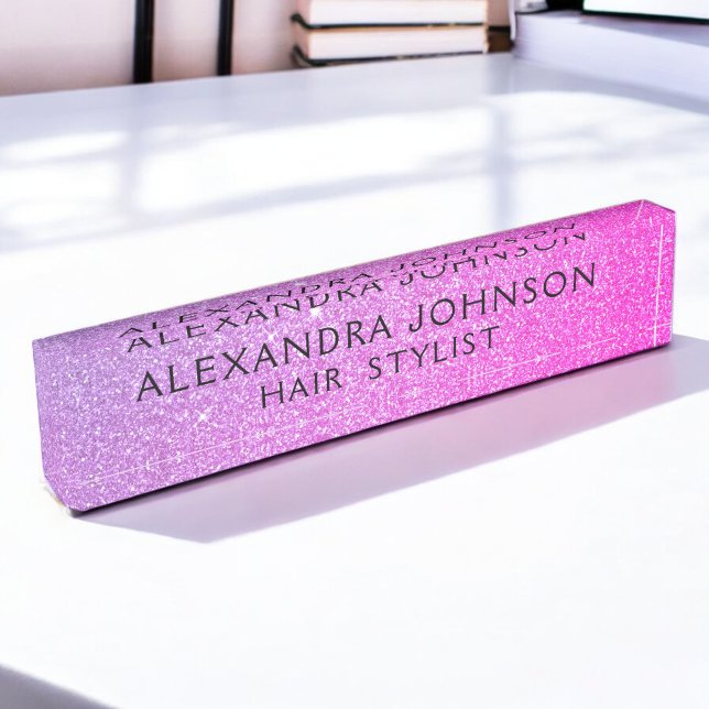 Purple Pink Professional Glitter Sparkle Modern Desk Name Plate (Creator Uploaded)