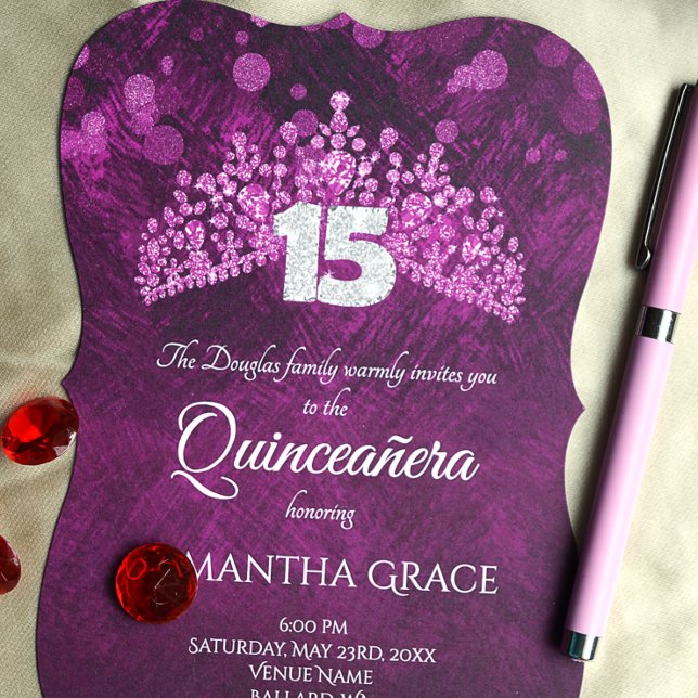 Purple, Pink Quinceanera with Tiara Invitation