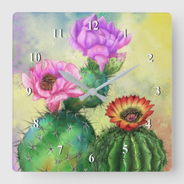Purple Pink Red Cactus Flowers Wall Clock (Front)