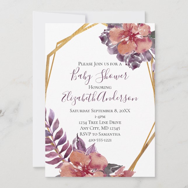 Purple Pink Red Floral Gold Frame Baby Shower Invitation (Front)