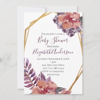 Purple Pink Red Floral Gold Frame Baby Shower Invitation