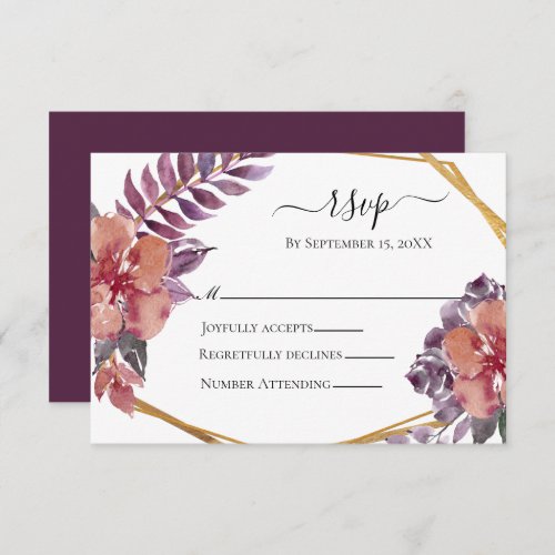 Purple Pink Red Floral Watercolor Gold Wedding  RSVP Card