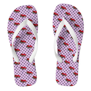 Purple pink red flower and black polka dots flip flops
