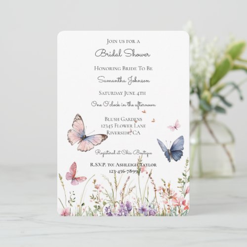 Purple Pink Red Flowers Butterflie Bridal Shower Invitation
