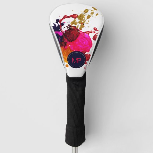 Purple Pink Red Gold Nailpolish Splatter Monogram Golf Head Cover