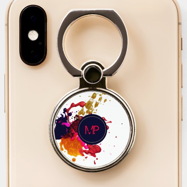 Purple Pink Red Gold Nailpolish Splatter Monogram Phone Ring Stand (Close Up)