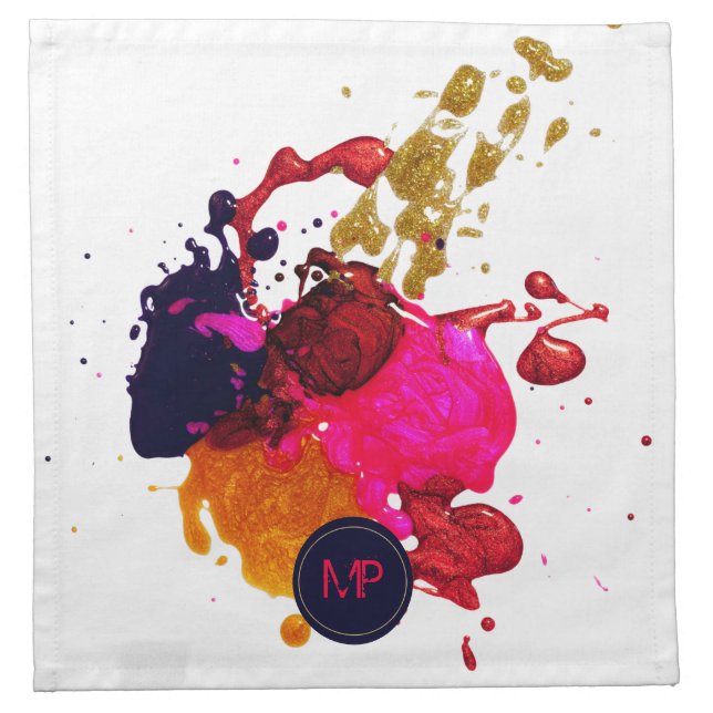 Purple Pink Red Gold Paint Splatter Monogram Cloth Napkin (Front)
