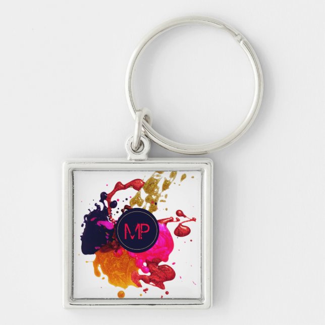 Purple Pink Red Gold Paint Splatter Monogram Keychain (Front)