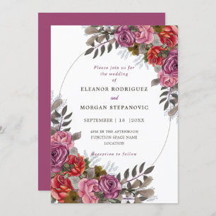 Purple pink red rose wedding invitation