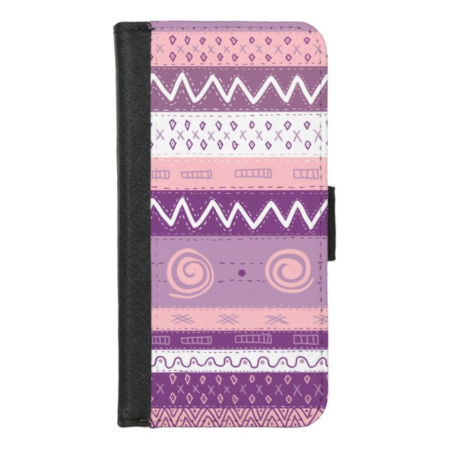 Purple Pink Retro Zigzag Patterned iPhone Wallet Case (Front)