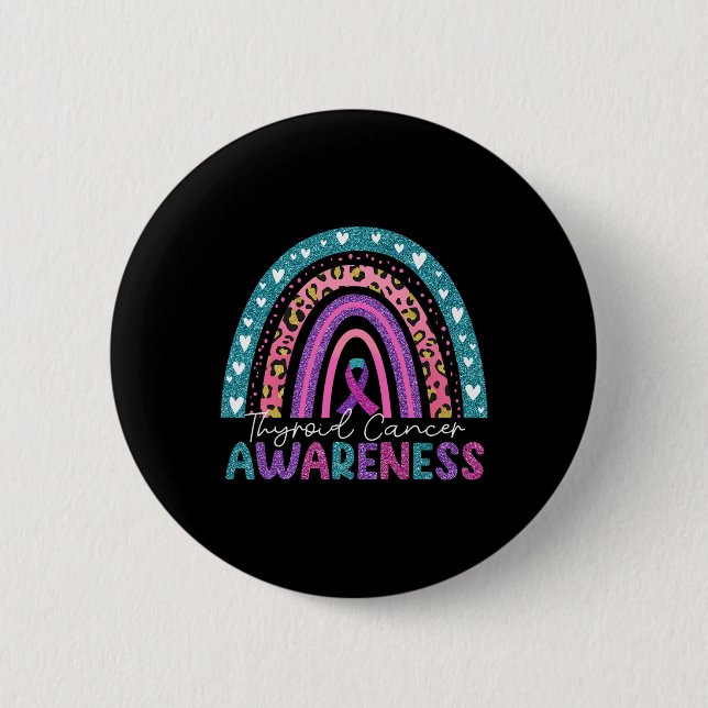 Purple Pink Ribbon Rainbow Thyroid Cancer Awarenes Button (Front)