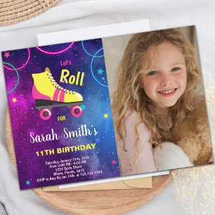Purple Pink Roller skating invitations w photo