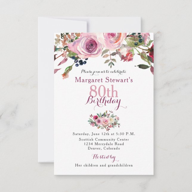 Purple Pink Rose 80th Birthday Invite (Front)