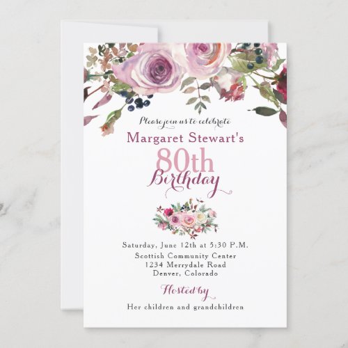 Purple Pink Rose 80th Birthday Invite