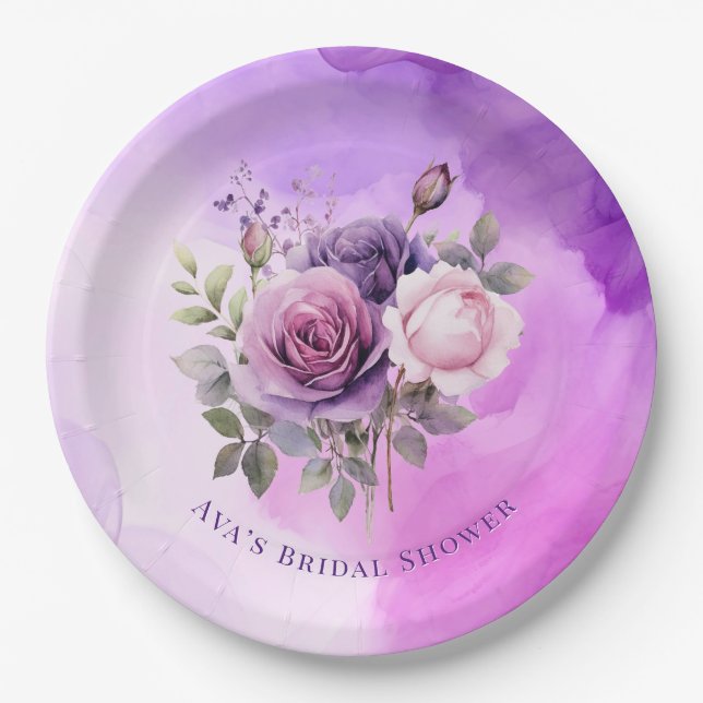 Purple Pink Rose Alcohol Garden Bridal Shower Paper Plates (Front)