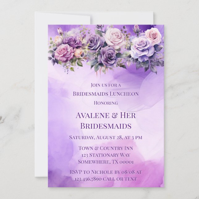 Purple Pink Rose Alcohol Garden Bridesmaids Lunch Invitation (Front)
