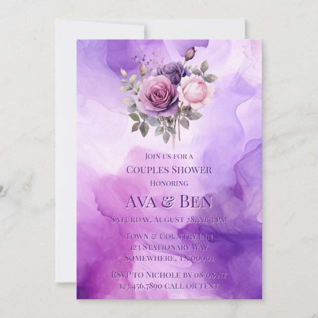 Purple Pink Rose Alcohol Garden Couples Shower Invitation (Front)