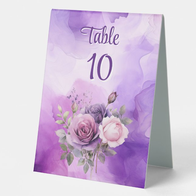 Purple Pink Rose Alcohol Garden Table Number Table Tent (Front)