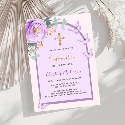 Purple pink rose butterflies arch Confirmation Invitation