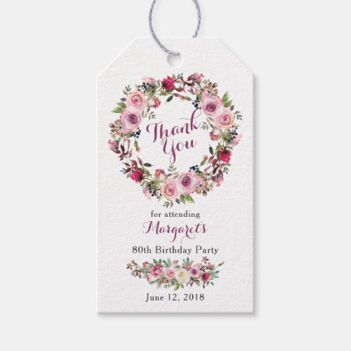 Purple Pink Rose Floral 80th Birthday Thank You Gift Tags