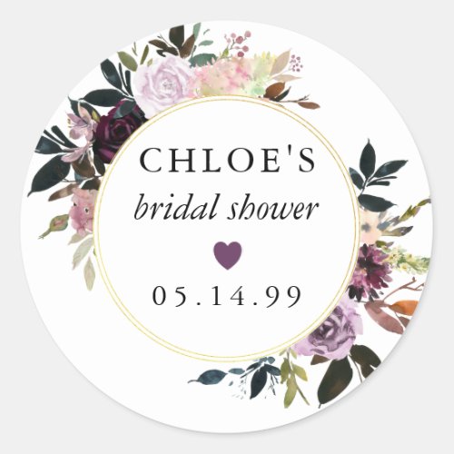 Purple Pink Rose Floral Bridal Shower Favor Classic Round Sticker