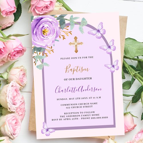 Purple pink rose floral butterflies arch baptism invitation