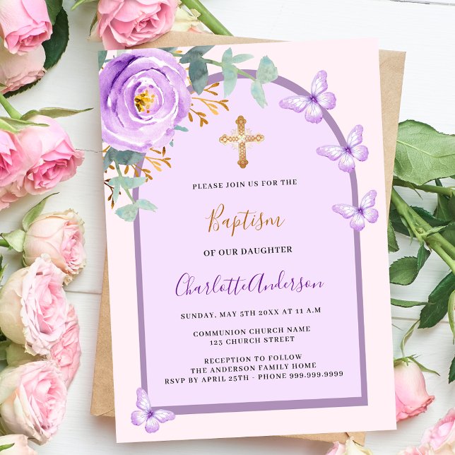 Purple pink rose floral butterflies arch baptism invitation (Creator Uploaded)