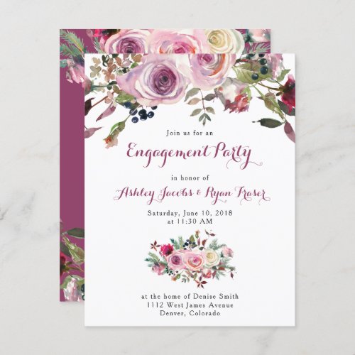 Purple Pink Rose Floral Engagement Party Invitation