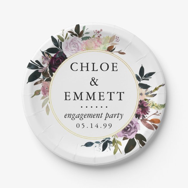 Purple Pink Rose Floral Engagement Party Paper Plates (Front)