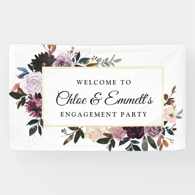 Purple Pink Rose Floral Engagement Party Welcome Banner (Horizontal)