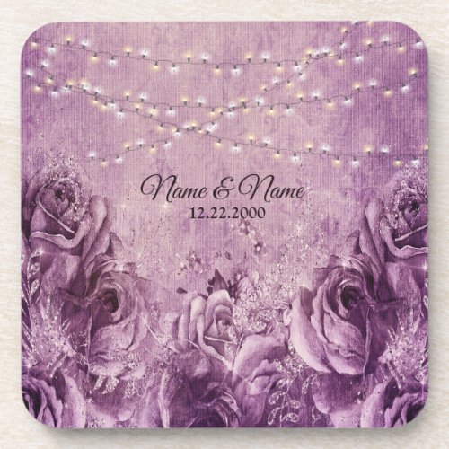 Purple Pink Rose Floral Lilac Vintage Wedding Beverage Coaster