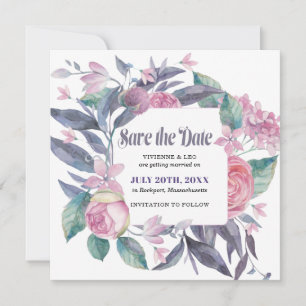 Purple Pink Rose Floral Photo Save the Date Card