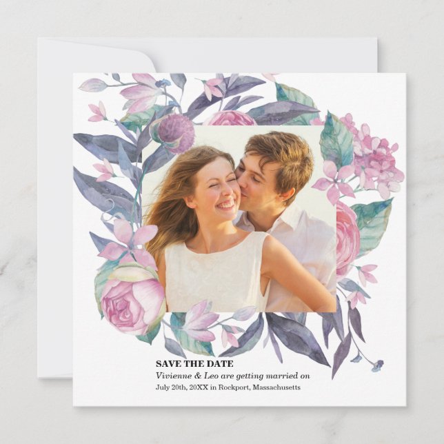 Purple Pink Rose Floral Photo Save the Date Card (Front)