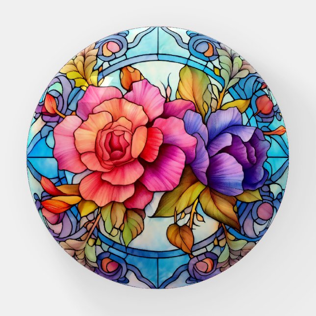 Purple & Pink Rose Floral Stained-Glass Look Paperweight (Front)