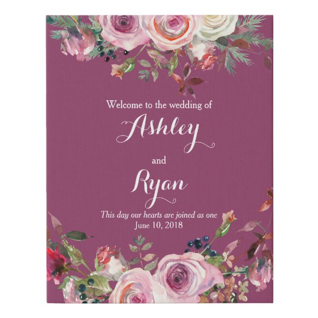 Purple Pink Rose Floral Wedding Welcome Faux Canvas Print (Front)