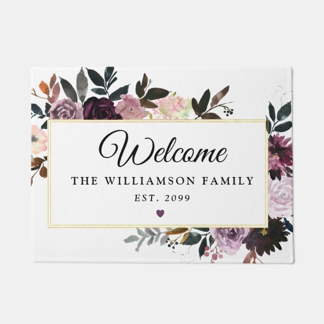 Purple Pink Rose Floral Welcome Doormat (Front)