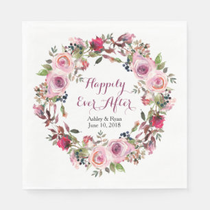 Purple Pink Rose Floral Wreath Wedding Paper Napkins