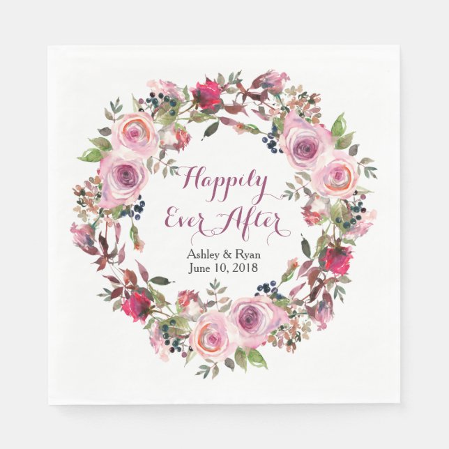Purple Pink Rose Floral Wreath Wedding Paper Napkins (Front)