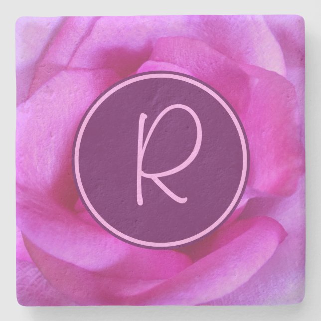 Purple pink rose flower monogram initial modern stone coaster (Front)