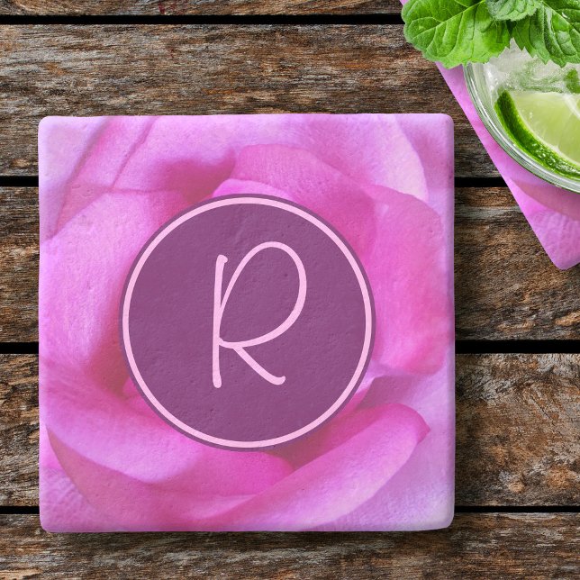 Purple pink rose flower monogram initial modern stone coaster (Creator Uploaded)