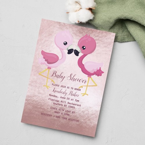 Purple pink rose gold flamingo Baby Shower Invitation